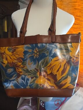 Patricia Nash Floral Tote in Blue, Yellow & Brown Trim